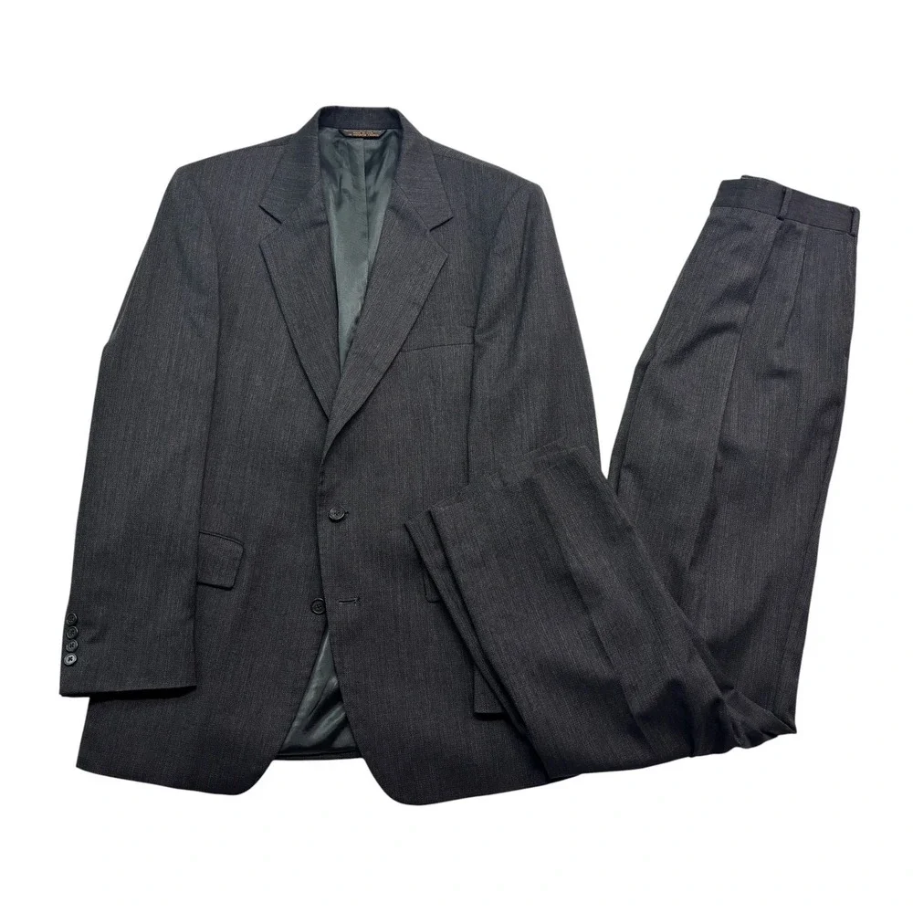 vtg 90s USA Made 40L 33x34 Charcoal Stripe 2pc Pant Suit Wool Pleated Wide Leg